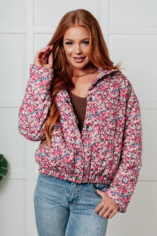 Hazel Blues® |  Wish Me Well Floral Printed Puffer Jacket in Cream Multi Trench Coat Raincoat Waterproof Jacket