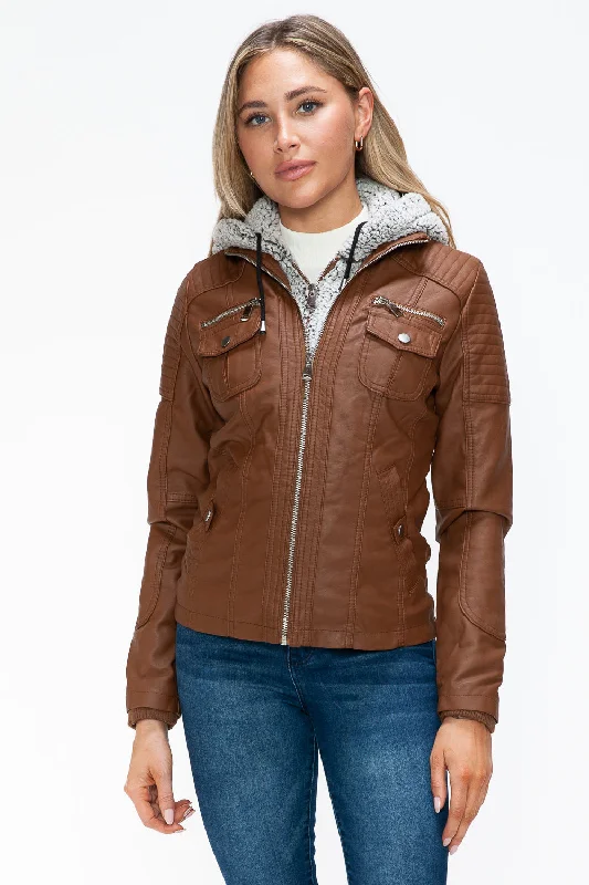 Hazel Blues® |  YMI Removable Faux Layered Multi-Pocket Jacket with Fuzzy Hood Fleece Jacket Down Jacket Feather Jacket