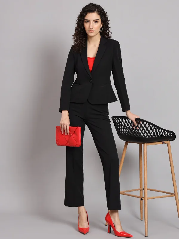 Short Blazer Notched Collar Polyester Pant Suit - Black Women's Navy Jacket