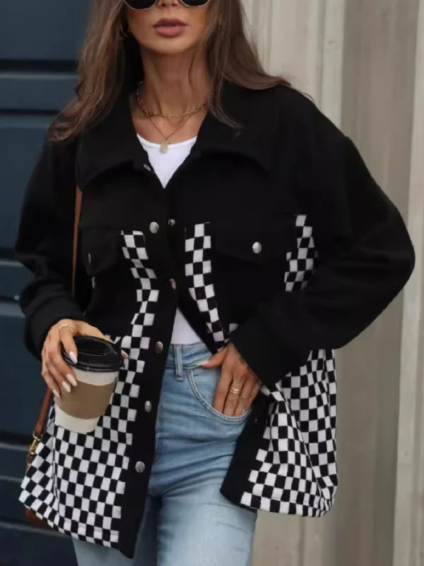 Hazel Blues® |  Checkered Snap Down Long Sleeve Jacket Fleece Fabric Down Fabric Feather Fabric