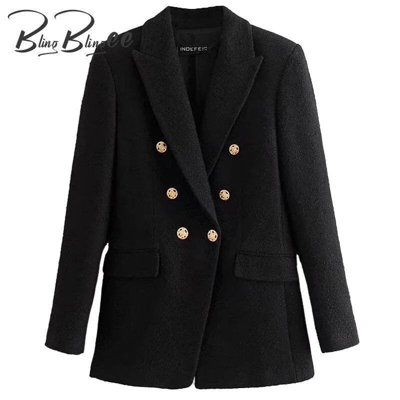 BlingBlingee Za 2022 Autumn Winter Woman Traf Coats OL Style Slim Blazers Ornate Buttons Female Casual Tweed Woolen Long Jacket Women's Unique Blazer