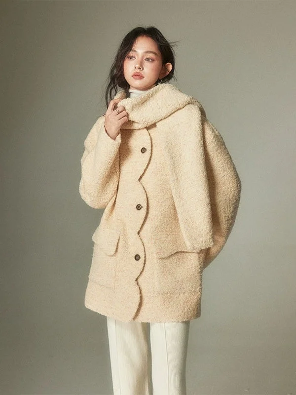 Wave Edge Round Neck Drop Shoulder Coat With Stole【s0000004251】 Parka Down Jacket Wool Coat