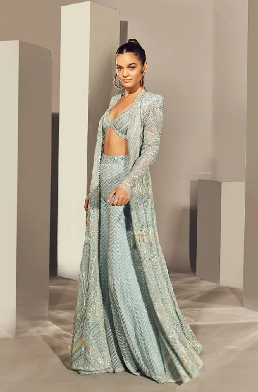 Husniya Blue Sharara Set With Jacket Rayon Jacket Velvet Jacket Corduroy Jacket