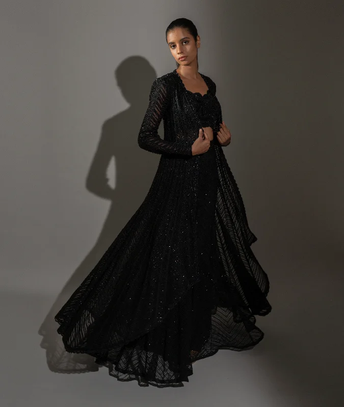 Noyabrina Black Sharara Set With Jacket Appliqued Jacket Beaded Jacket Sequined Jacket