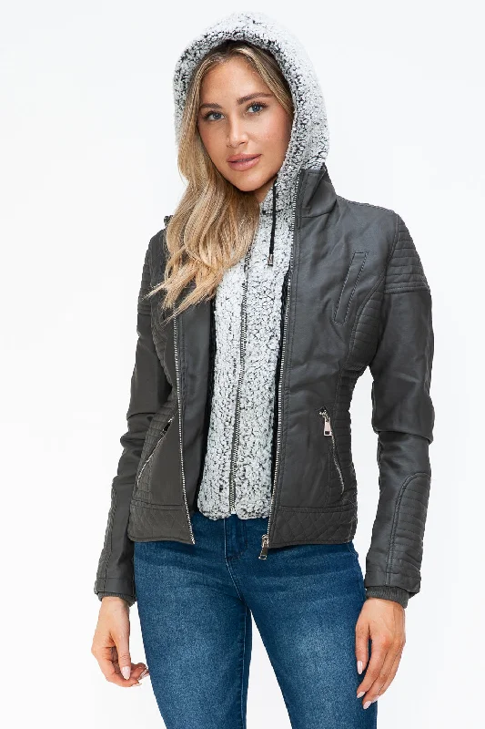 Hazel Blues® |  YMI Faux Layered Double-Zipper Jacket with Fuzzy Hood Cardigan Sweater Pullover