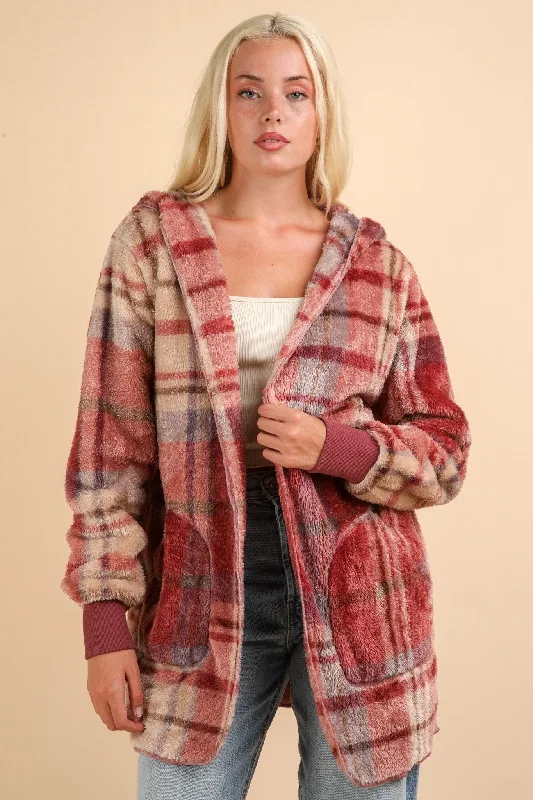 Hazel Blues® |  VERY J Fuzzy Plaid Long Sleeve Hooded Jacket Faux Fur Jacket Real Fur Jacket Shearling Jacket