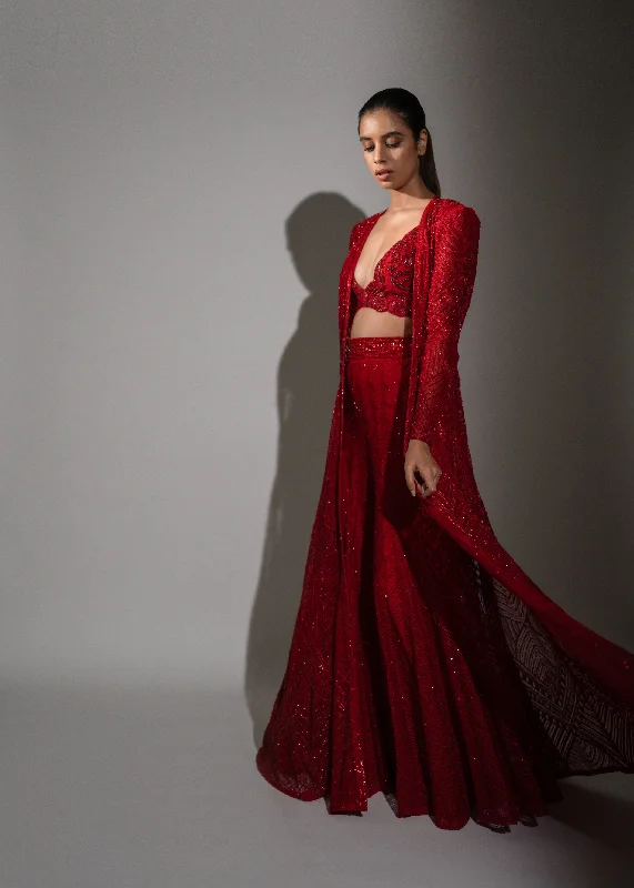 Galina Red Sharara Set With Jacket Tiered Jacket Buttoned Jacket Zippered Jacket