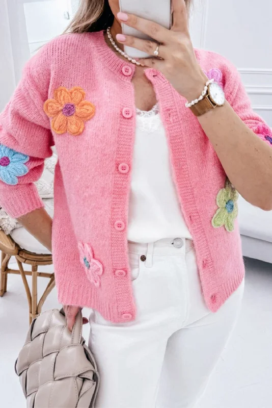 Blue Zone Planet |  Pink Cute Knitted Floral Pattern Button Up Cardigan Mesh Fabric Canvas Fabric Denim Fabric