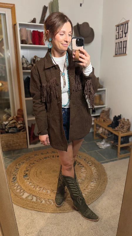 Tina Denim Fringe Jacket [Espresso] Welt Pockets Slit Pockets Flap Pockets