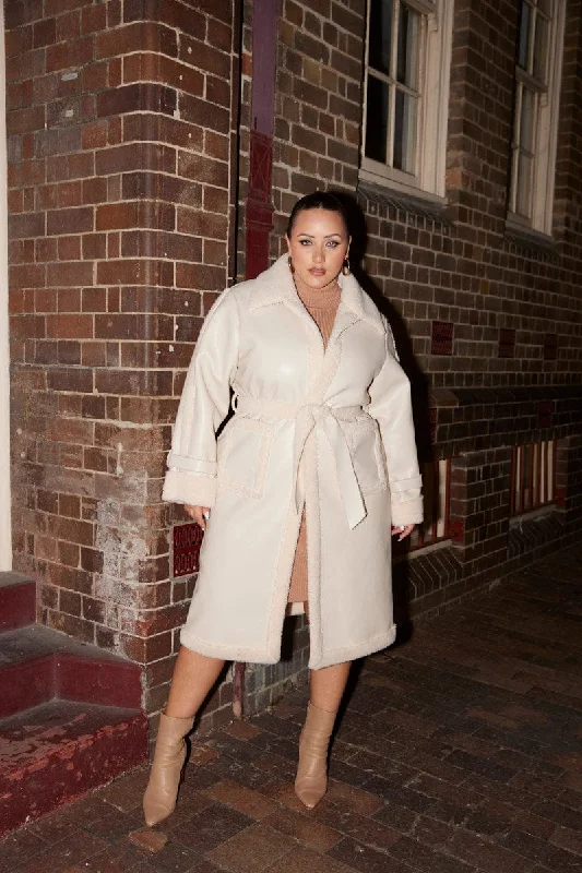 Camel Long Coat Shearling Lined Pu Boat Neck Jacket Square Neck Jacket One-Shoulder Jacket