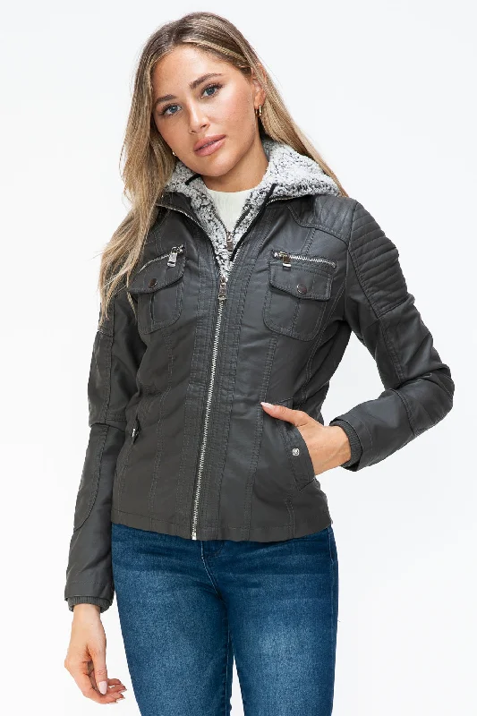 Hazel Blues® |  YMI Removable Faux Layered Multi-Pocket Jacket with Fuzzy Hood Fitted Jacket Loose Jacket Oversized Jacket