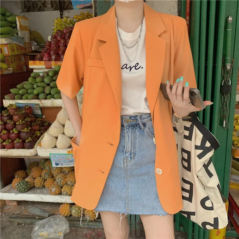 HziriP 2022 Orange Solid Short Sleeve Blazer Jackets Thin Femme Casual Elegant Vintage OL Outwear All Match Coats Retro Tops Women's High-End Blazer