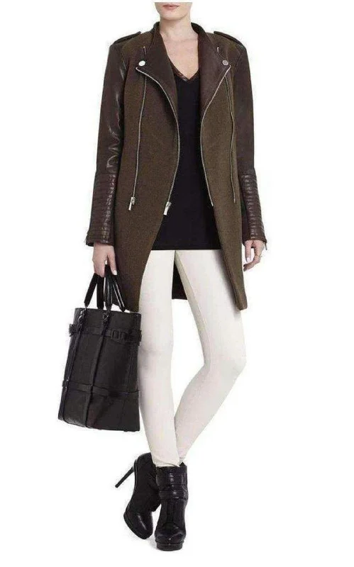 Julia Contrast Leather Sleeves Coat Trench Wool Cashmere