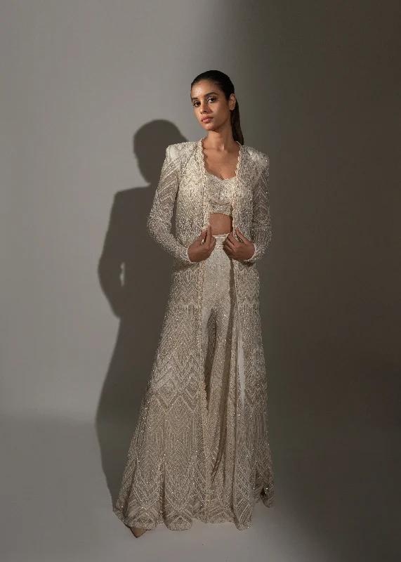 Irinushka Ivory Sharara Set With Jacket Ribbed Jacket Pleated Jacket Ruffled Jacket