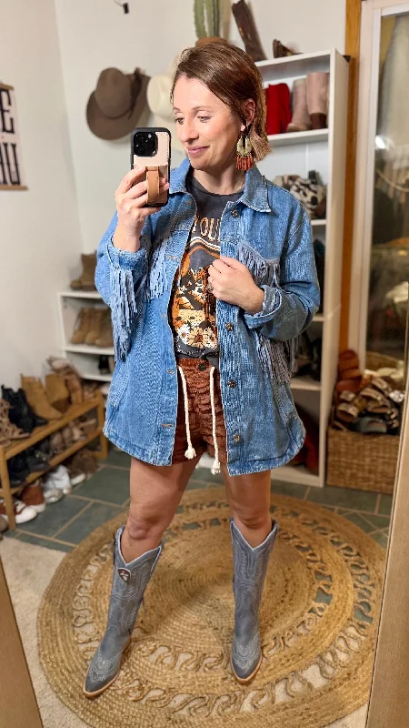 Landry Western Denim Fringe Jacket Stand-Up Collar Roll-Neck Collar Turtle Neck