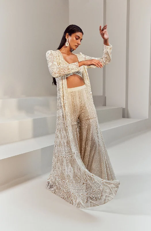 Asya Ivory Lehenga Set With Long Jacket And Heavy Chevron Sharara Oversized Jacket Tailored Jacket Straight Jacket