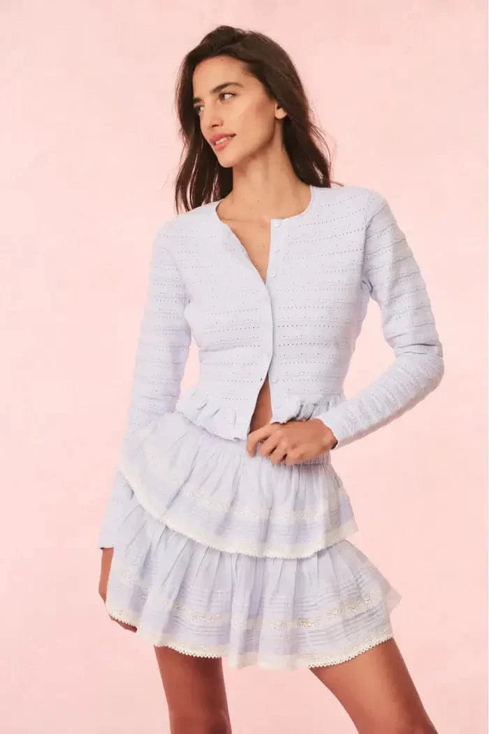 Love Shack Fancy - Rogan Cardigan in Morning sky Chenille Fabric Brocade Fabric Lace Fabric