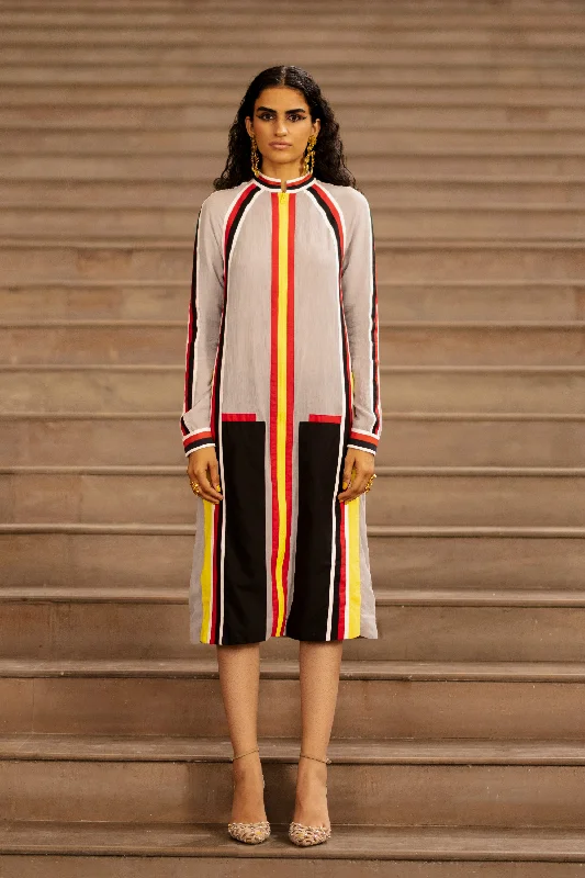 Knee Length Jacket With Sporty Details A-Line Jacket Boat Neck Shawl Collar