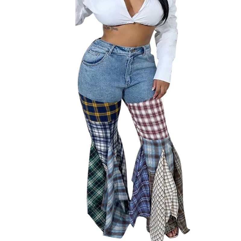 STYLISH LADY Patchwork Ruffle Flare Jeans 2023 Spring Women High Waist Plaid Printed Casual Street Jeans Trousers Trousers Pleated Formal