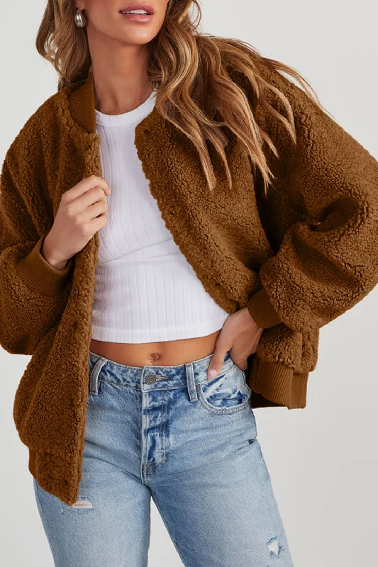Hazel Blues® |  Baseball Collar Long Sleeve Sherpa Jacket Faux Fur Jacket Real Fur Jacket Shearling Jacket