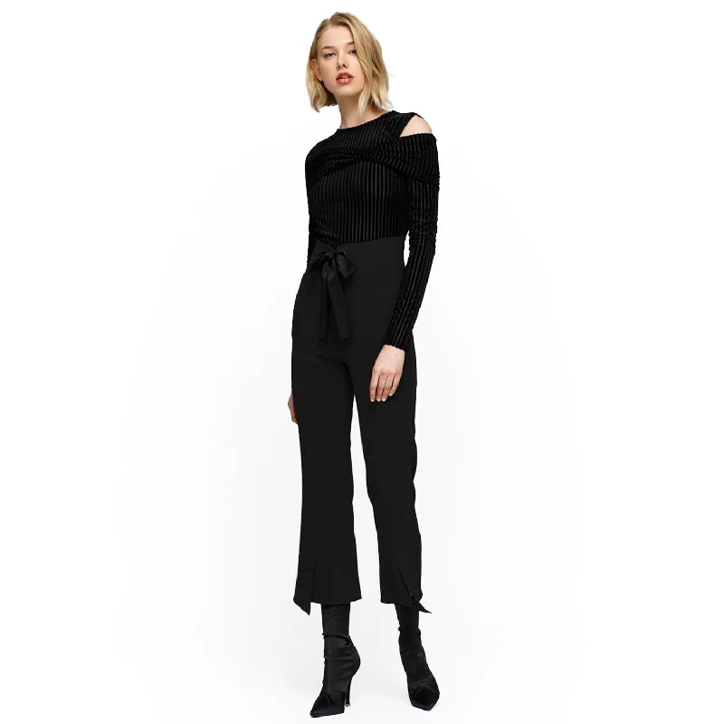 Women's High Waist Front Slit Trouser In Black Trousers Denim Distressed