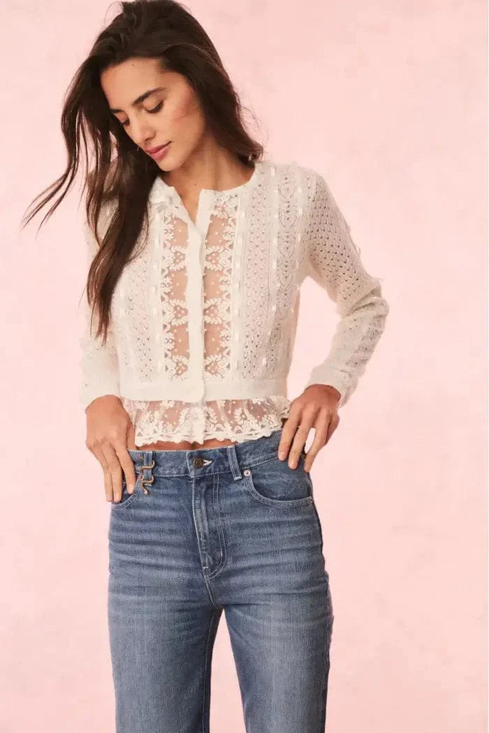 Love Shack Fancy - Reneley Cardigan in Aspen White Rayon Fabric Velvet Fabric Corduroy Fabric
