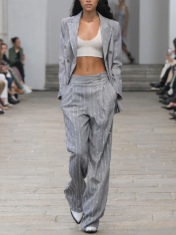 Grey Loose Fit Blazer + Wide Leg Trousers Pants Suit with Rhinestone Trousers Spring Floral