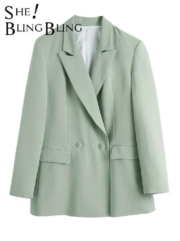 SheBlingBling Za Woman Blazer Green Casual Single Button Notched Straight Office Lady Elegant Blazers Long Sleeve Coats Women's Elegant Suit