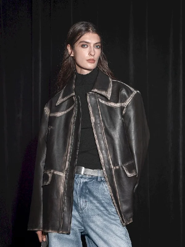 Vintage Zipper Loose Silhouette Leather Coat【s0000005456】 Elasticated Drawstring Belted