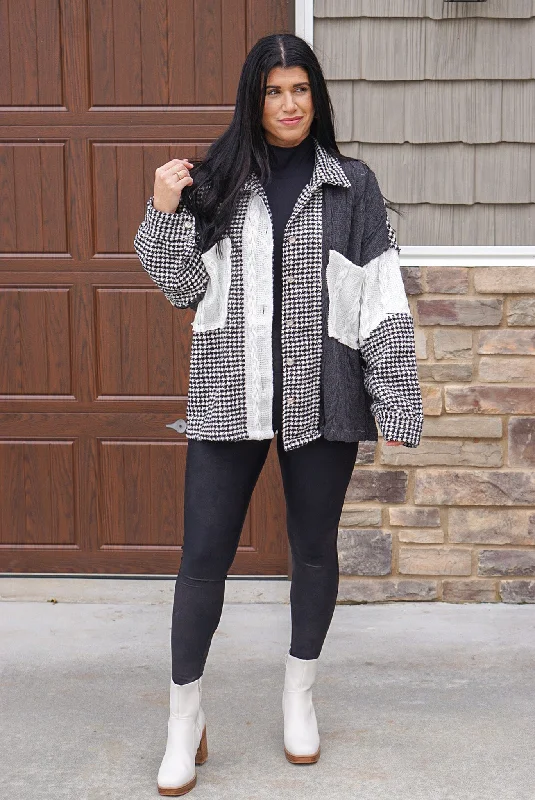 Black Houndstooth Colorblock Sweater Shacket Layered Multi-layer Single Layer