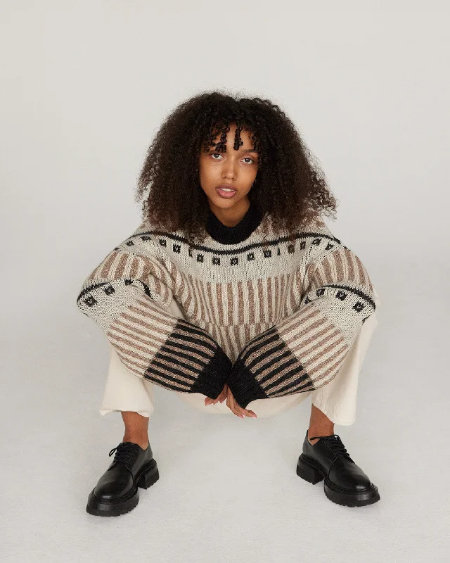 Ethno Alpaca Wool Sweater Off-White Notch Collar Peter Pan Collar Cowl Neck