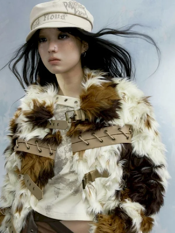 Colorblocked cow fur coat【s0000005243】 Turtleneck Wrap Cape