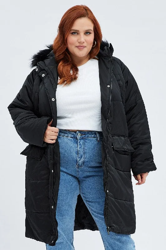 Black Puffer Coat Fur Hood Long Sleeve Off-the-Shoulder Jacket Double-Breasted Coat Single-Breasted Coat