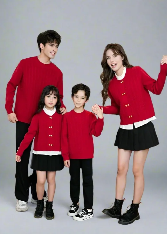 Family Matching Red Cable Knit Cardigans – Elegant Heart-Button Design Wool Cardigan Cotton Cardigan Cashmere Cardigan