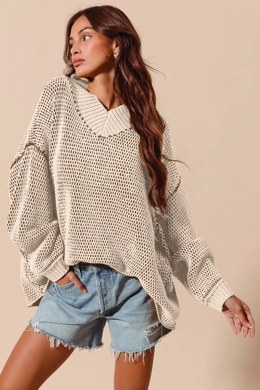Two Toned Perfection Oatmeal Sweater Ribbed Striped Patterned