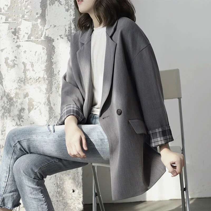 PEONFLY Grey Check Cuffs Blazer Coat Autumn Office Lady Ladies Slim Buttons Long Loose Coat Formal Casual Outerwear Women's Adventure Blazer