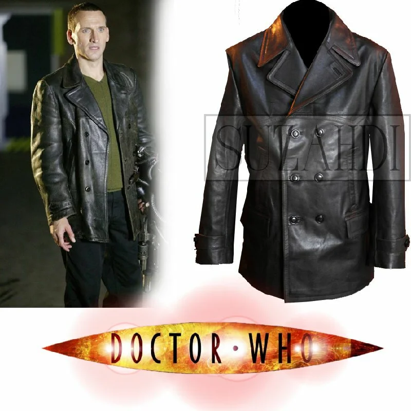 9th Doctor Who Chris Eccleston Black Leather Coat Bomber Denim Leather