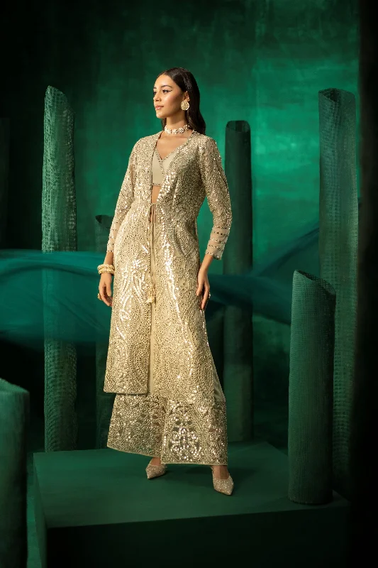 Long Full Sleeves Embellished Tassled Jacket With White Net Mirrorwork Notch Collar Jacket Peter Pan Collar Jacket Cowl Neck Jacket