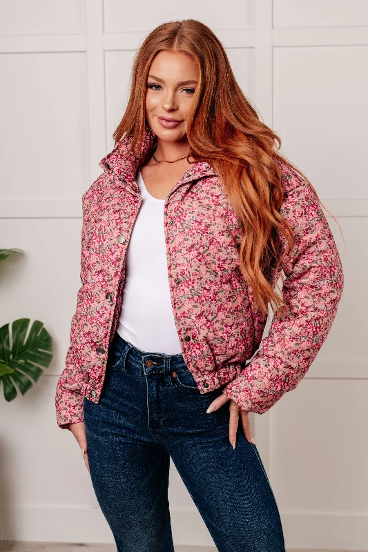 Hazel Blues® |  Wish Me Well Floral Printed Puffer Jacket in Rose Multi Cardigan Sweater Pullover