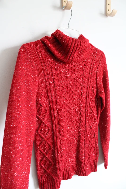 New York & Company Red Silver Shimmer Cable Knit Cowl Neck Sweater | S Terry Blend Velvet Blend Canvas Blend
