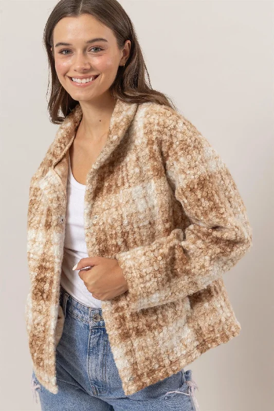 Hazel Blues® |  HYFVE Plaid Collared Neck Boucle Jacket with Pockets Print Jacket Jacquard Jacket Patchwork Jacket