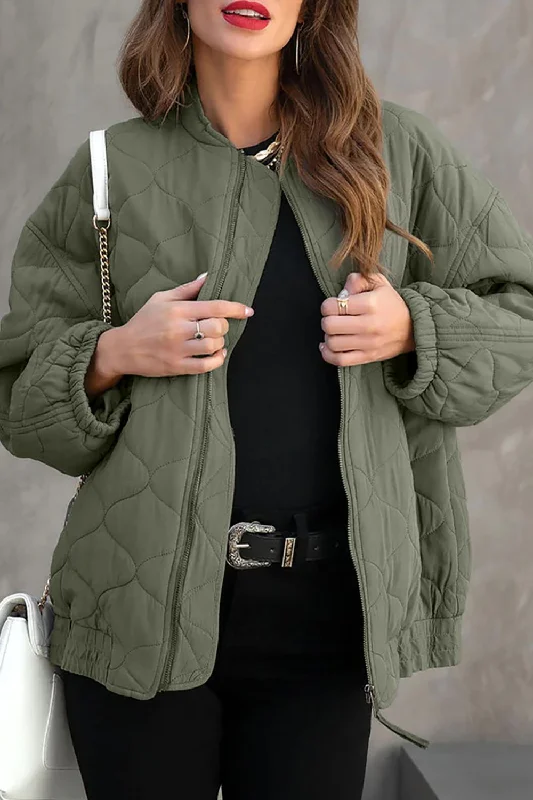 Hazel Blues® |  Zip Up Drop Shoulder Long Sleeve Puffer Jacket Print Jacket Jacquard Jacket Embroidered Jacket