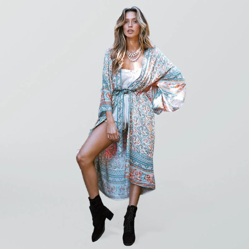 Blue Zone Planet |  Cotton Printed Cardigan Vacation Beach Overshirt Toggled Drawstring Belted