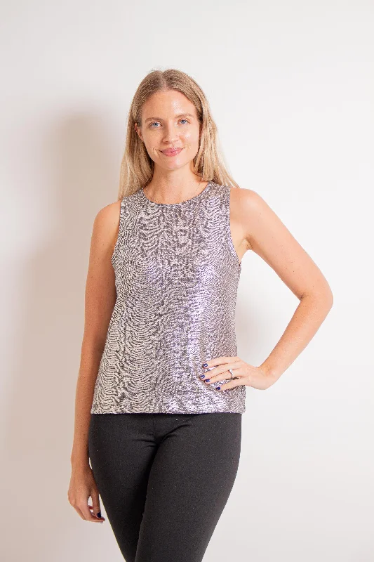 Glitter Foil - Modern Jewel Neck Tank - Gunmetal cold shoulder tank