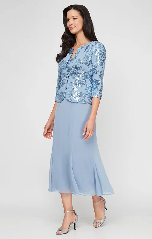Tea Length Stretch Crepe Sequin Mock Jacket Dress with Square Neckline, Chiffon Skirt and Center Front Button Closure Satin Fabric Silk Fabric Chiffon Fabric
