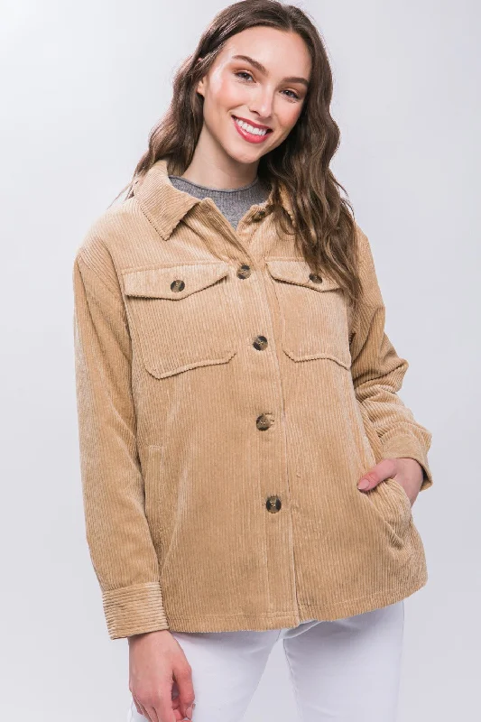 Hazel Blues® |  Love Tree Corduroy Button Up Jacket with Sherpa Inside Welt Pockets Slit Pockets Flap Pockets