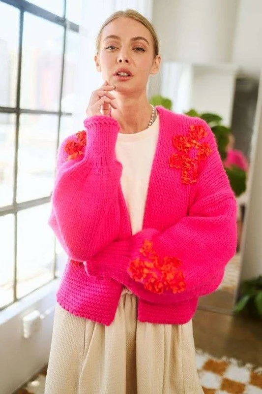 Blue Zone Planet |  Davi & Dani Floral Applique Open Front Drop Shoulder Cardigan Zippered Buttoned Snapped