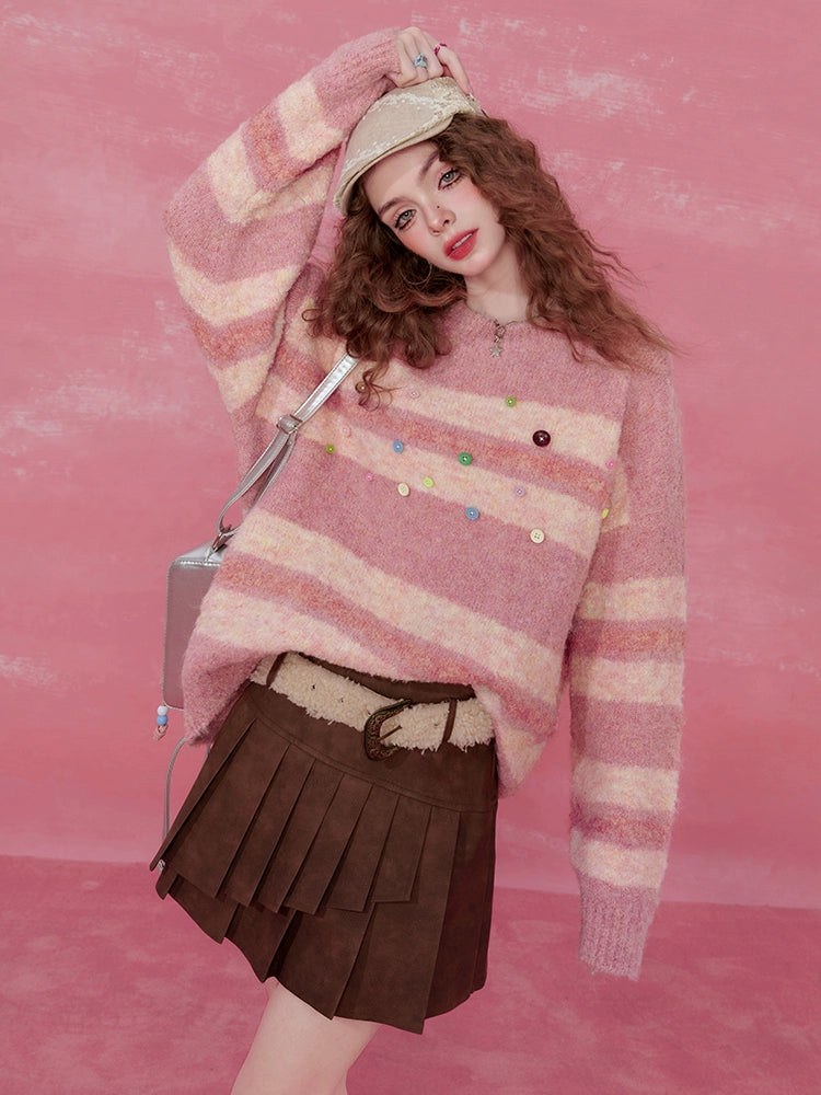 Pink Striped Mohair Sweater Wool Fabric Cashmere Fabric Tweed Fabric