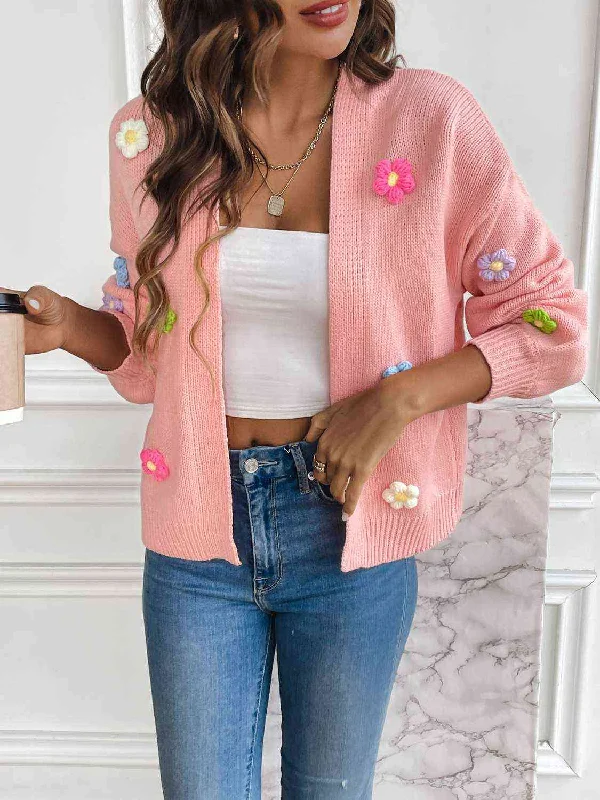 Floral Long Sleeve Open Front Cardigan Solid Color Striped Floral Print