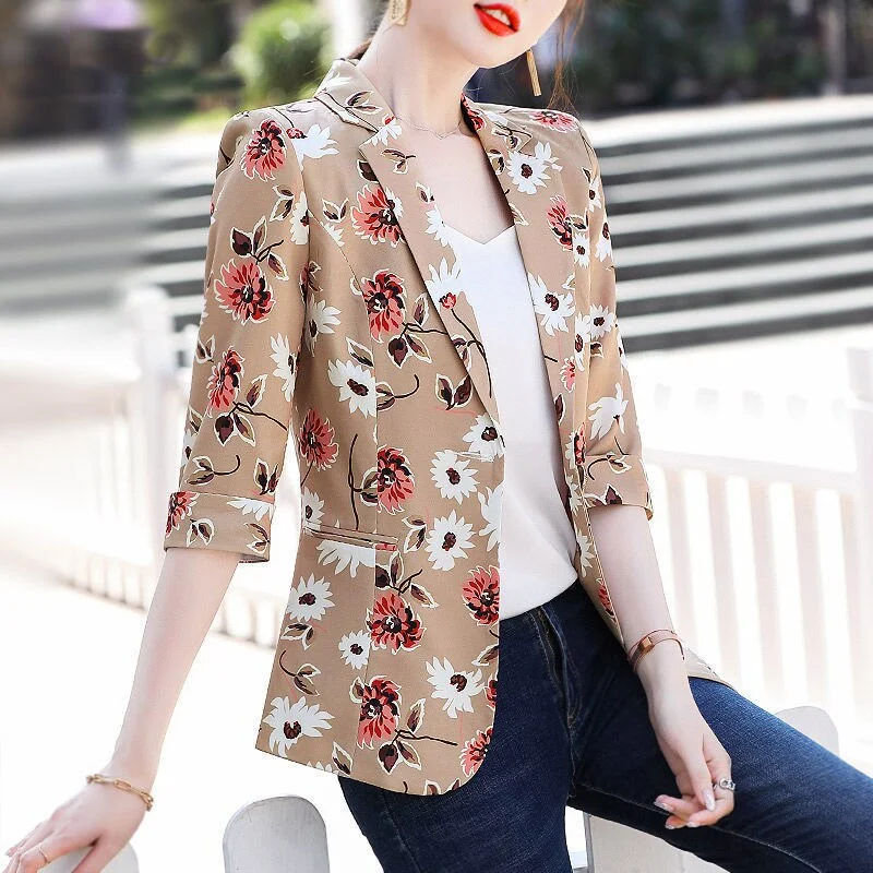 PEONFLY Autumn Korean Version Of The Retro Printing Small Seven-point Jacket Female Office Lady Casual Loose Blazer Women's Fashion Blazer